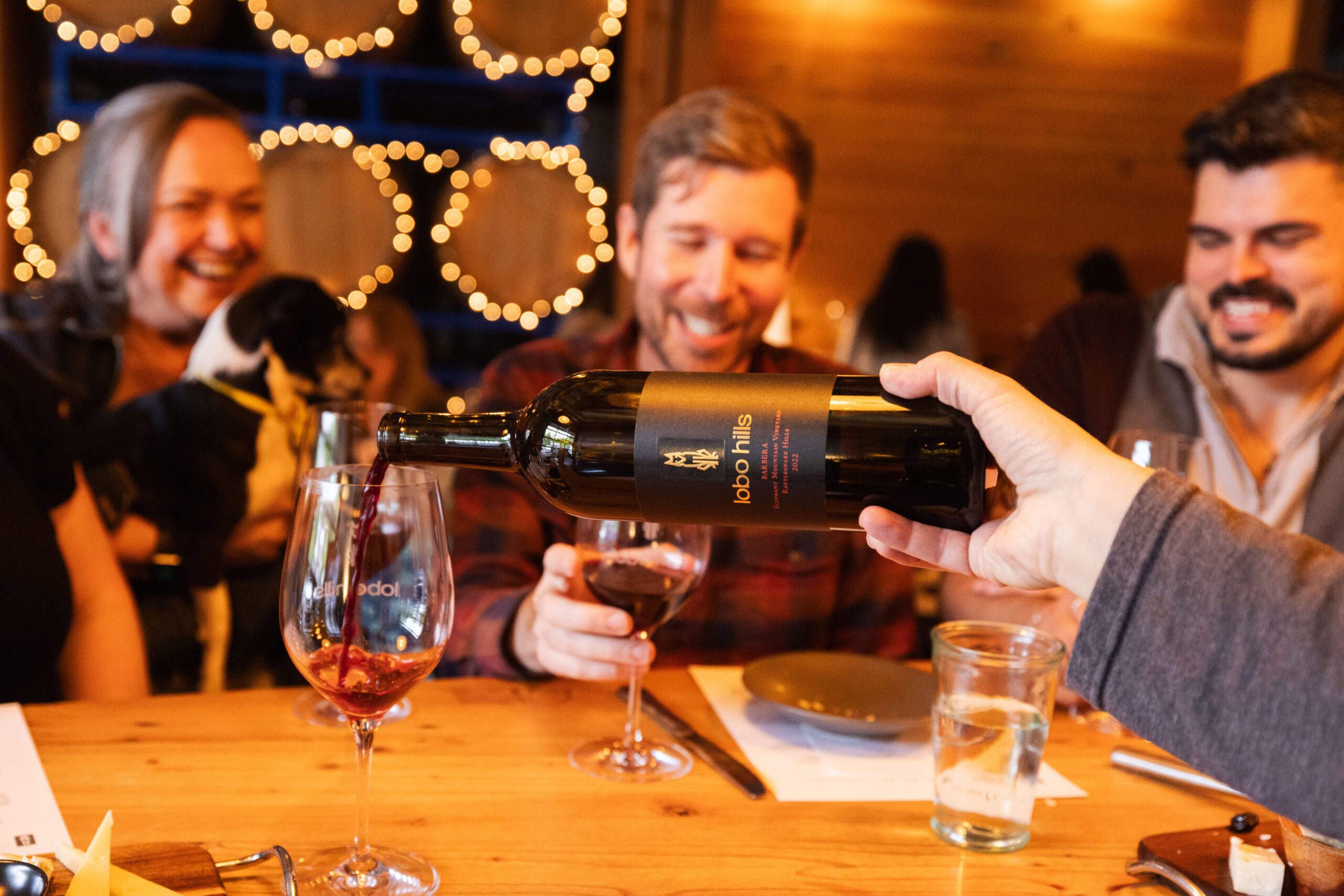 Depict image accurately for accessibility. Group of friends enjoying wine tasting at Lobo Hills Wine Co.